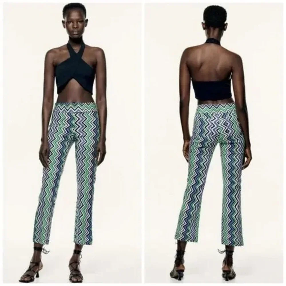 ZARA Linen Blend Cropped‎ Pants ZigZag Print Size Large Retro
